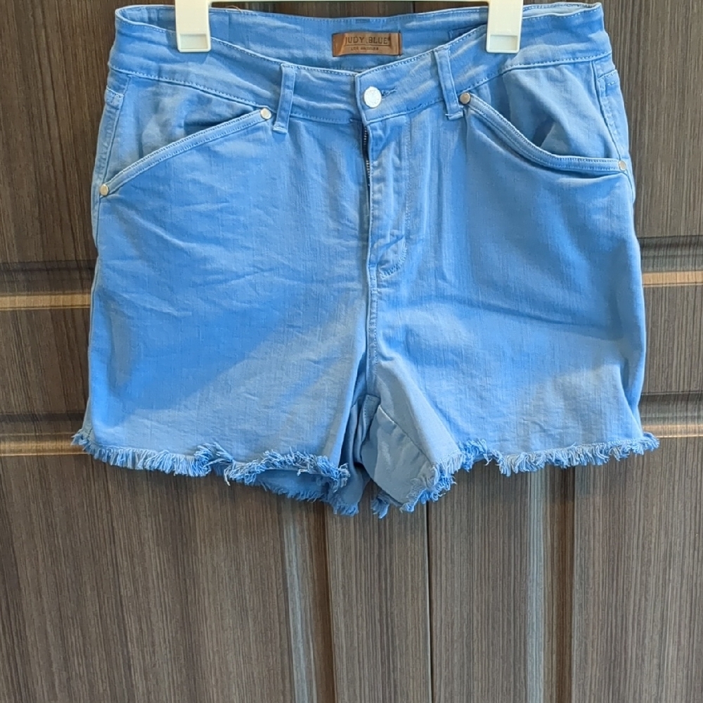 Blue High-Waisted Jean Shorts with Frayed Hem